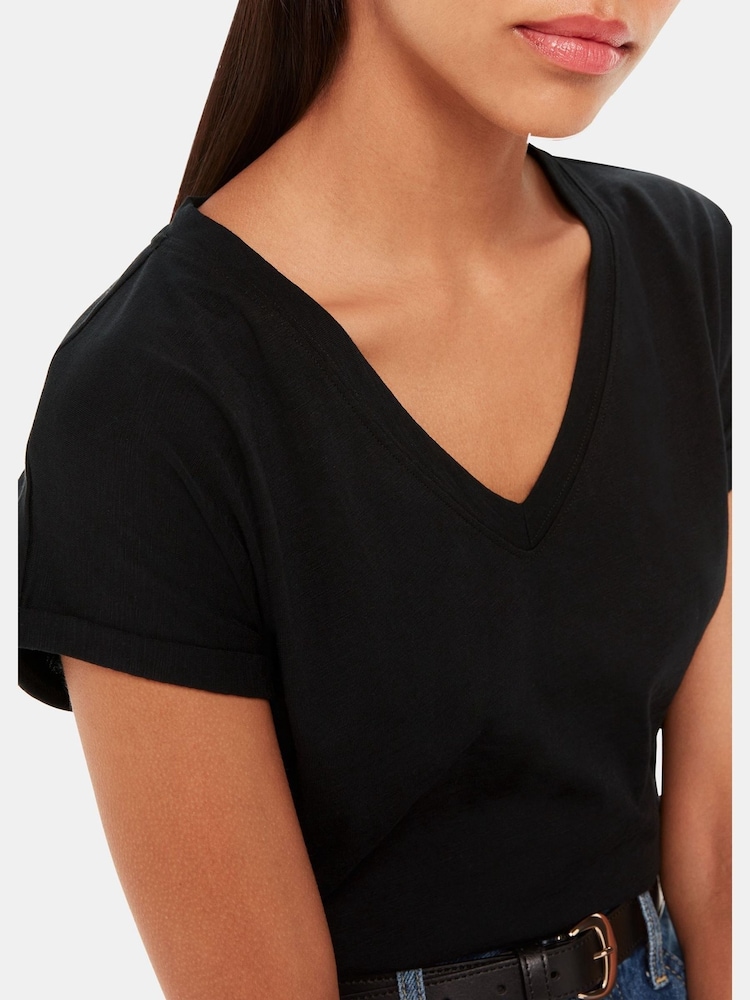 Whistles Black V-Neck Willa Cap Sleeve 100% Cotton T-Shirt - Image 4 of 5