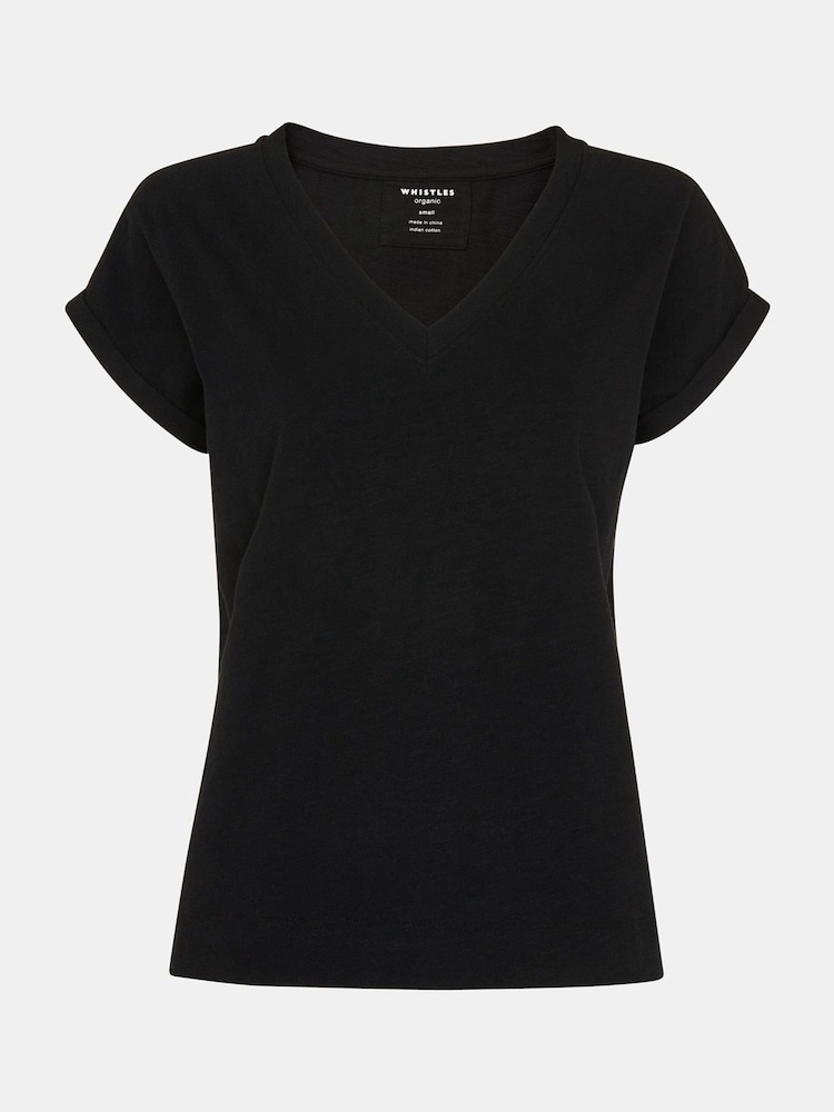أسود - Whistles V-Neck Willa Cap Sleeve 100% Cotton T-Shirt - صورة 5 من 5