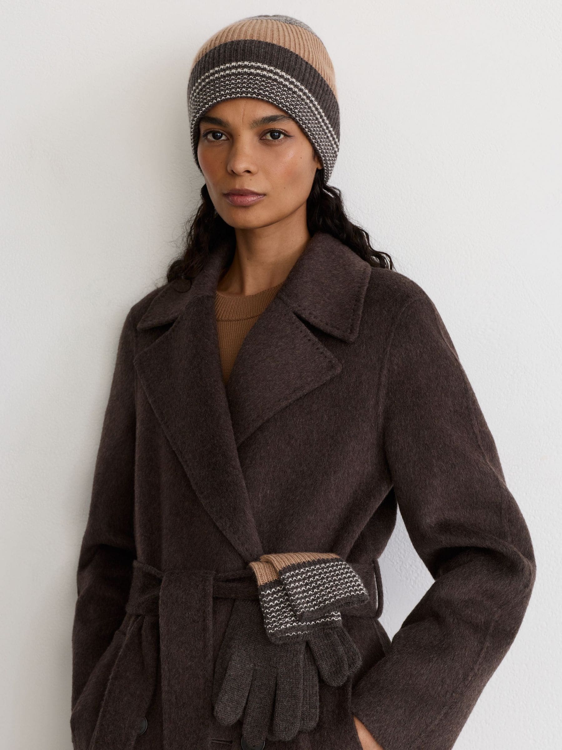 Reiss Chocolate Wool-blend Striped Rib-knit Beanie