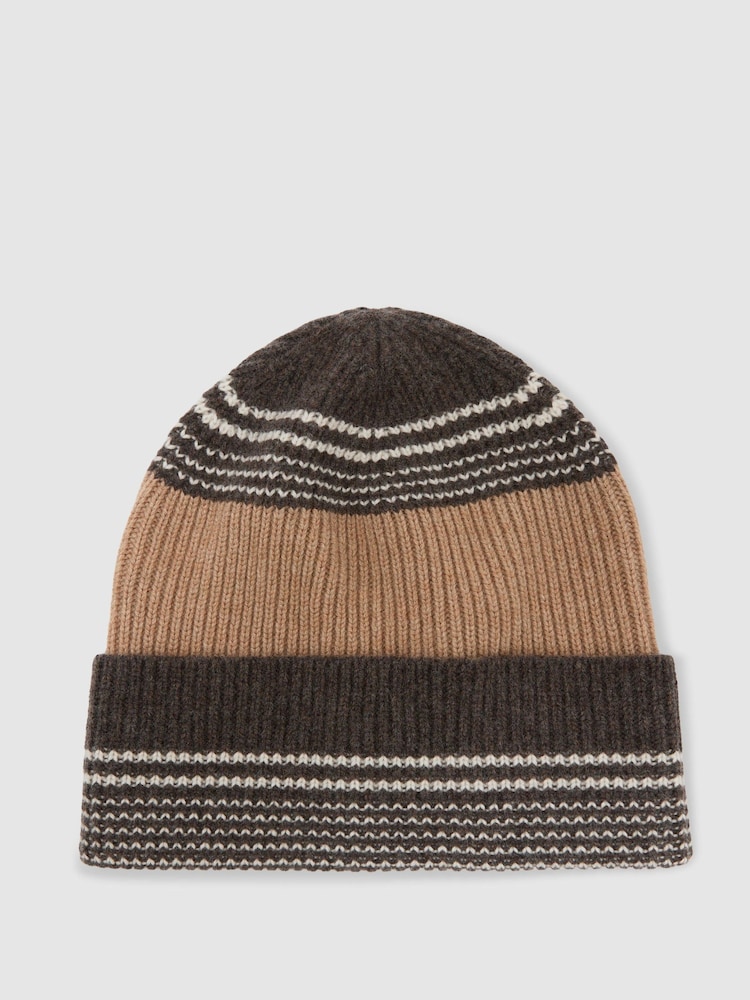 Reiss Chocolate Freya Wool-Blend Striped Rib-Knit Beanie - Image 2 of 4