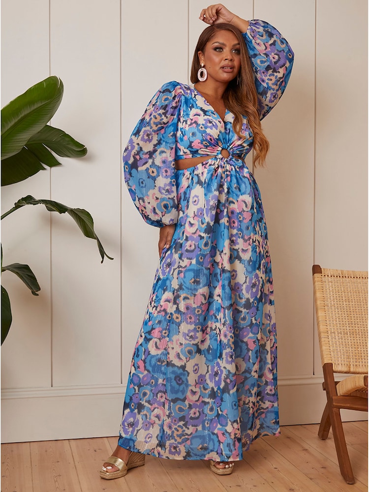 Chi Chi London Blue Long Sleeve Ring Detail Floral Maxi Dress - Image 1 of 4 Chi Chi London Blue Long Sleeve Ring Detail Floral Maxi Dress - Image 1 of 4