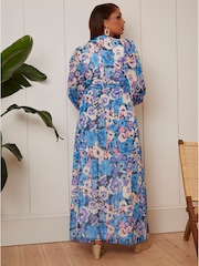 Chi Chi London Blue Long Sleeve Ring Detail Floral Maxi Dress - Image 2 of 4