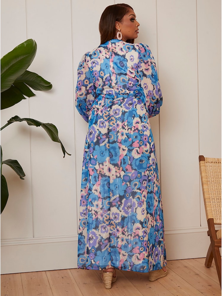 Chi Chi London Blue Long Sleeve Ring Detail Floral Maxi Dress - Image 2 of 4