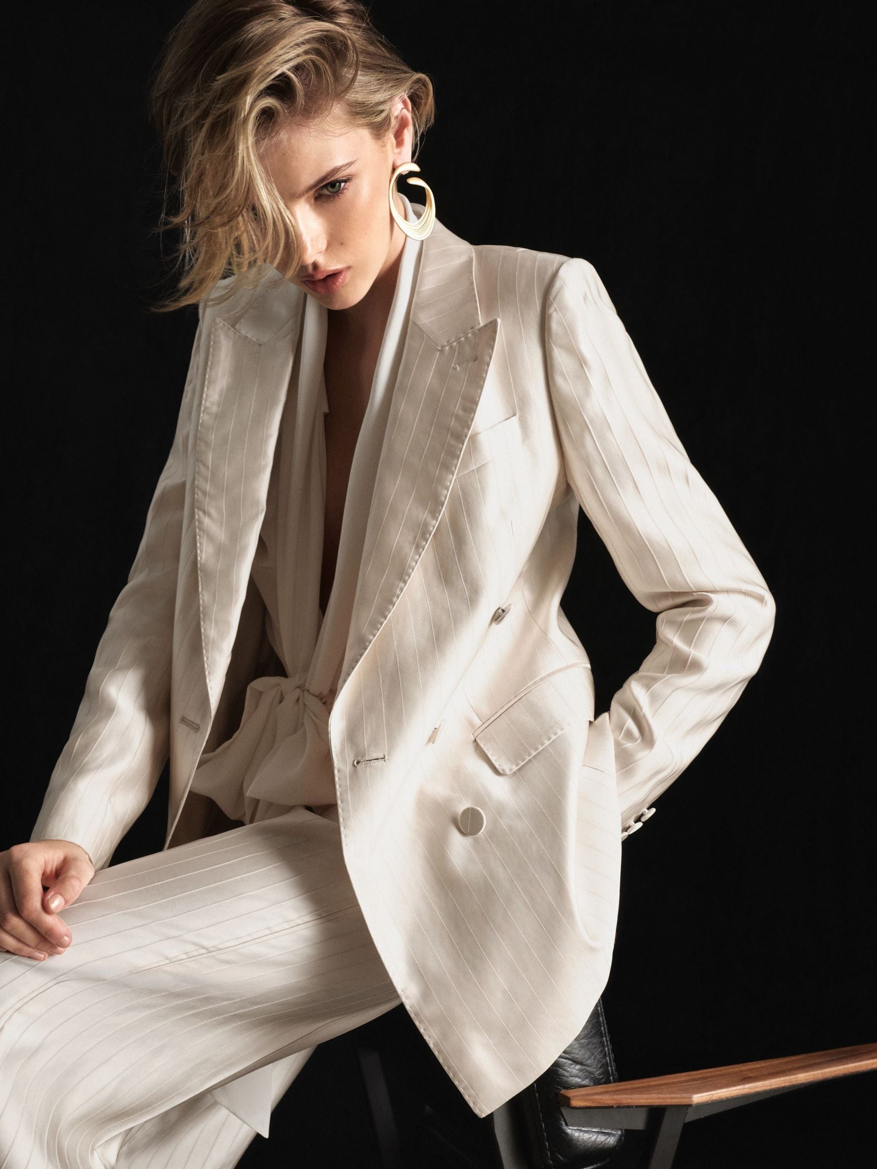 Atelier Cream Satin Pinstripe Double-breasted Blazer In Multi