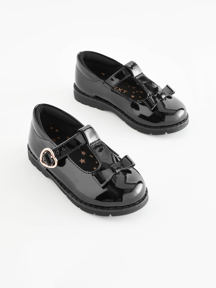 Black Patent Standard Fit (F) School Junior Bow T-Bar Shoes - Image 1 of 7