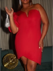 Chi Chi London Red Curve One Shoulder Puff Sleeve Bodycon Dress - Image 4 of 5