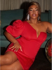 Chi Chi London Red Curve One Shoulder Puff Sleeve Bodycon Dress - Image 5 of 5