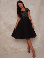 Chi Chi London Black V-Neck Cap Sleeve Embroidered Midi Dress - Image 1 of 4