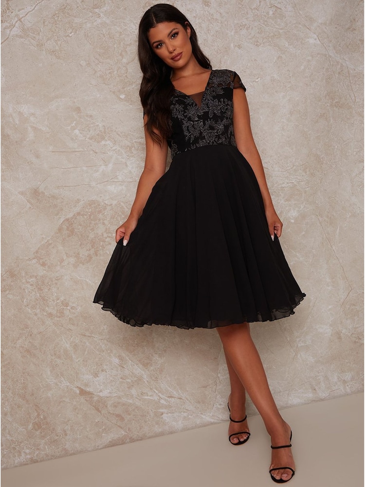 Chi Chi London Black V-Neck Cap Sleeve Embroidered Midi Dress - Image 1 of 4
