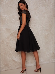 Chi Chi London Black V-Neck Cap Sleeve Embroidered Midi Dress - Image 2 of 4