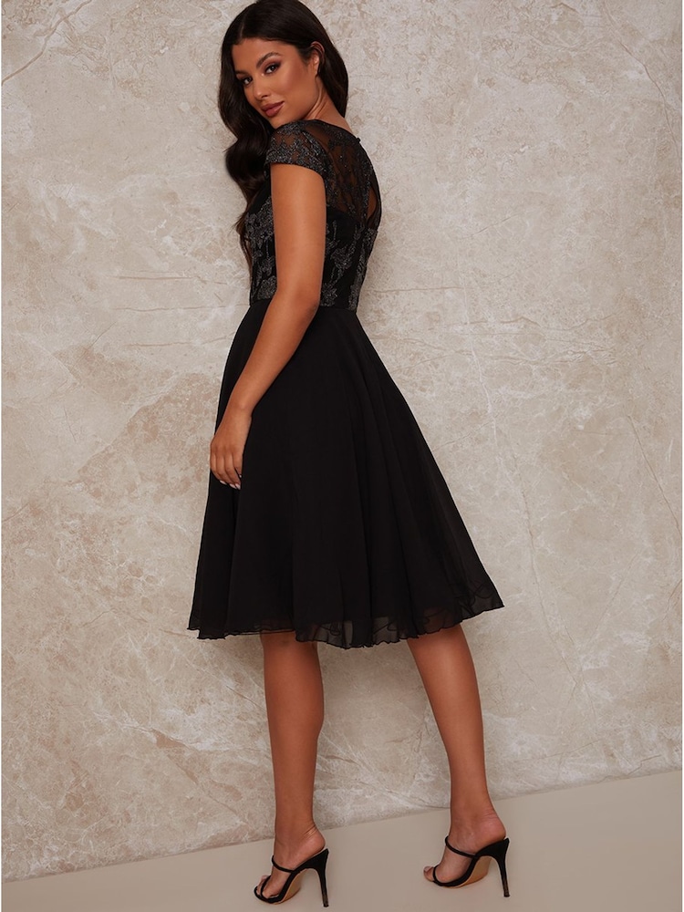 Chi Chi London Black V-Neck Cap Sleeve Embroidered Midi Dress - Image 2 of 4