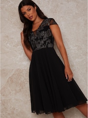Chi Chi London Black V-Neck Cap Sleeve Embroidered Midi Dress - Image 3 of 4