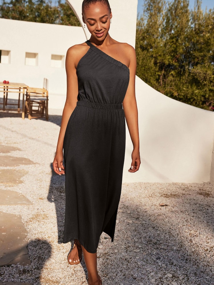 Black One Shoulder Split Hem Cotton Midi Summer Dress - Image 2 of 5