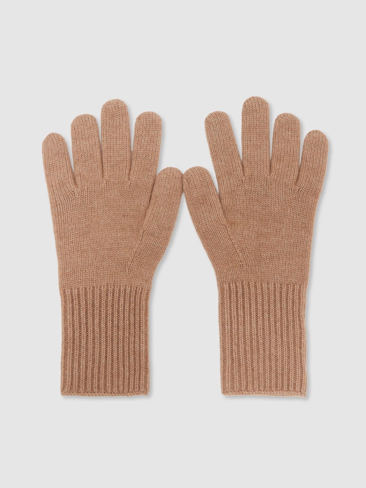 Reiss Camel Issie Wool-Blend Knitted Gloves with Cashmere - Image 2 of 3 Reiss Camel Issie Wool-Blend Knitted Gloves with Cashmere - Image 2 of 3