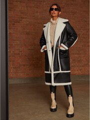 Chi Chi London Black Contrast Trim Belted Shearling Coat - Image 1 of 4