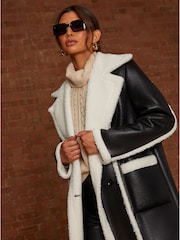 Chi Chi London Black Contrast Trim Belted Shearling Coat - Image 4 of 4