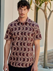 Burgundy Red Short Sleeve Printed Shirt With Cuban Collar - Image 1 of 5