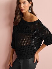 Black Open Stitch Off The Shoulder Button Jumper - Image 1 of 5