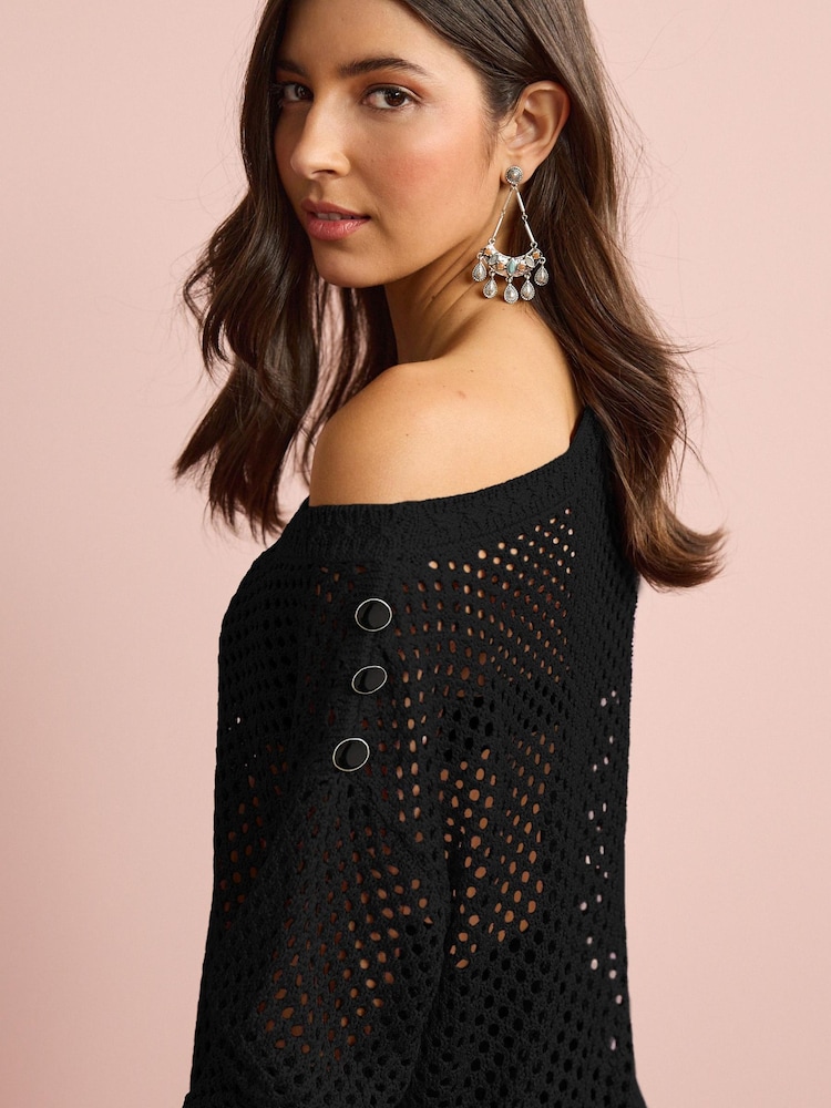 Black Open Stitch Off The Shoulder Button Jumper - Image 4 of 5