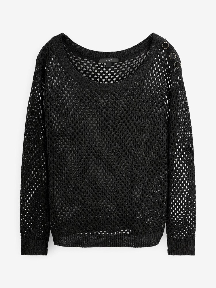 Black Open Stitch Off The Shoulder Button Jumper - Image 5 of 5 Black Open Stitch Off The Shoulder Button Jumper - Image 5 of 5