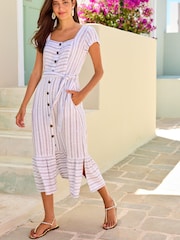 White/Blue Stripe Linen Mix Button Through Midi Dress - Image 1 of 5
