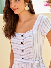 White/Blue Stripe Linen Mix Button Through Midi Dress - Image 4 of 5