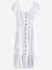 White/Blue Stripe Linen Mix Button Through Midi Dress - Image 5 of 5