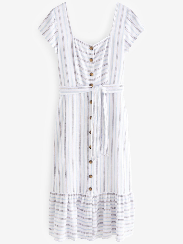 White/Blue Stripe Linen Mix Button Through Midi Dress - Image 5 of 5