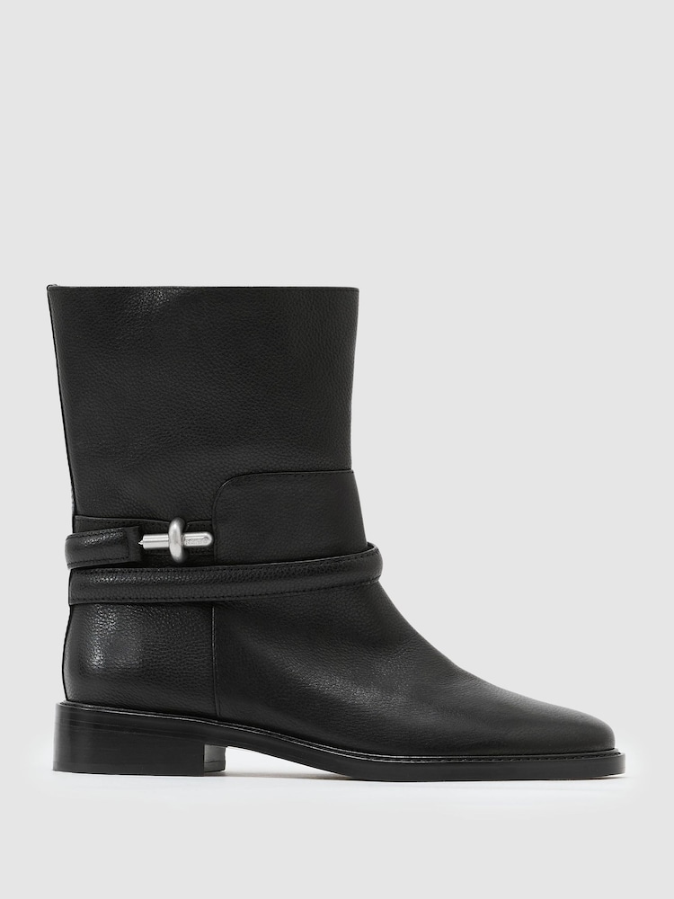 Crno - Reiss Rosalee Leather Turnlock-Hardware Biker Ankle Boots - Slika 2 od 6