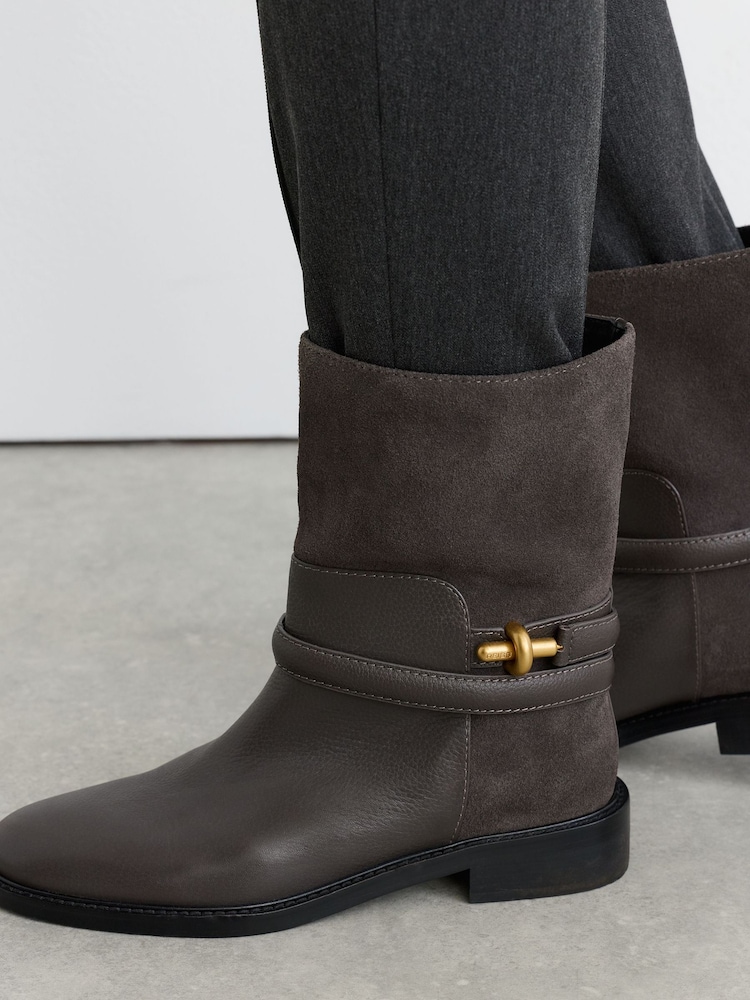 Grey - Reiss Rosalee Leather Turnlock-Hardware Biker Ankle Boots - Slika 1 od 6