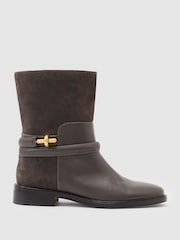 Grey - Reiss Rosalee Leather Turnlock-Hardware Biker Ankle Boots - Slika 2 od 6
