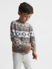 Reiss Toast Melange Peak Junior Navajo-Jacquard Wool Blend Jumper - Image 1 of 6