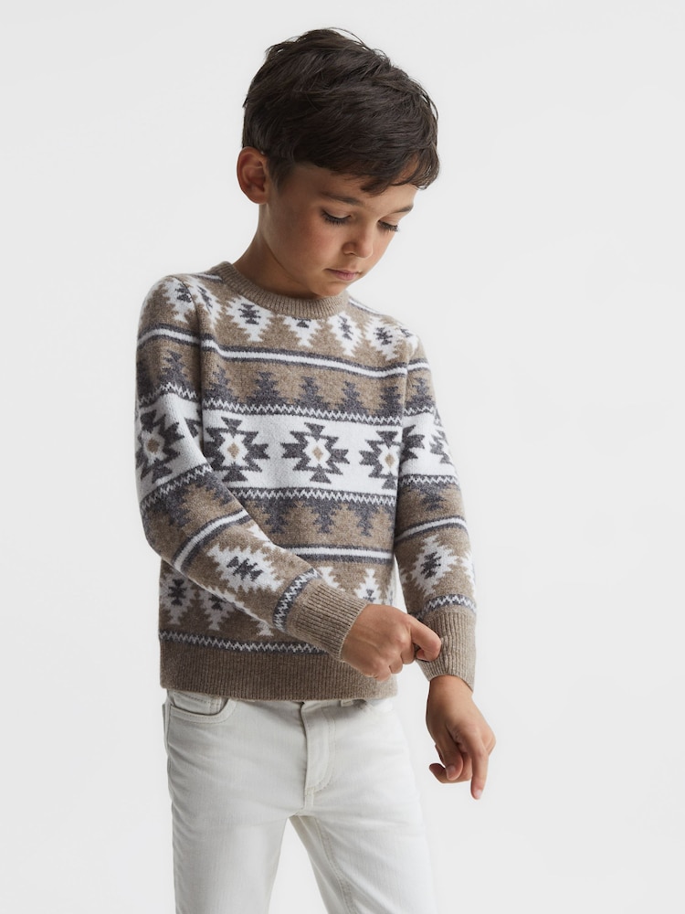 Reiss Toast Melange Peak Junior Navajo-Jacquard Wool Blend Jumper - Image 1 of 6
