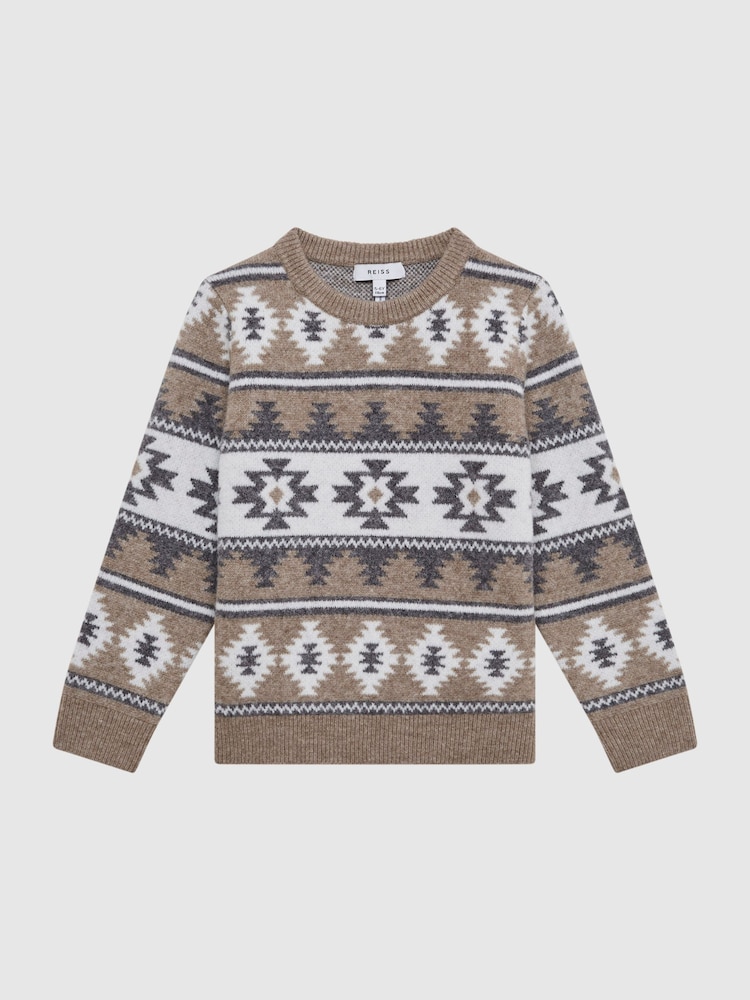 Reiss Toast Melange Peak Junior Navajo-Jacquard Wool Blend Jumper - Image 2 of 6
