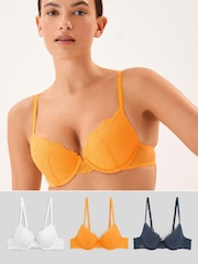 Orange/Navy Blue/White Push Up Pad Plunge Lace Bras 3 Pack - Image 1 of 9