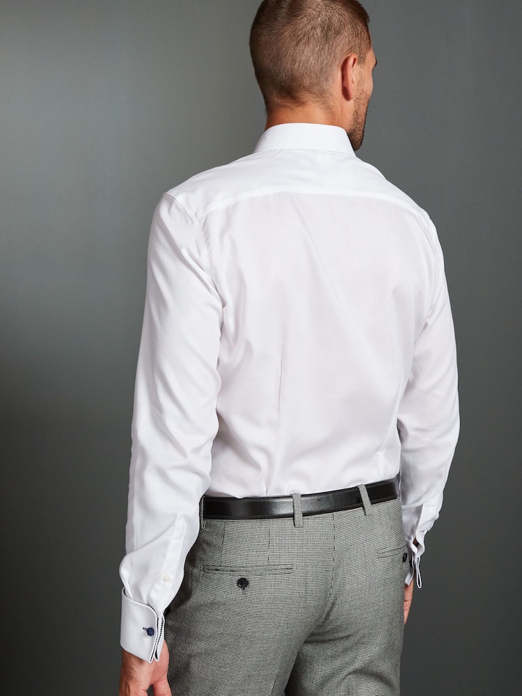 White Slim Fit 100% Cotton Signature Textured Double Cuff Shirt With Trim Detail - Image 2 of 9