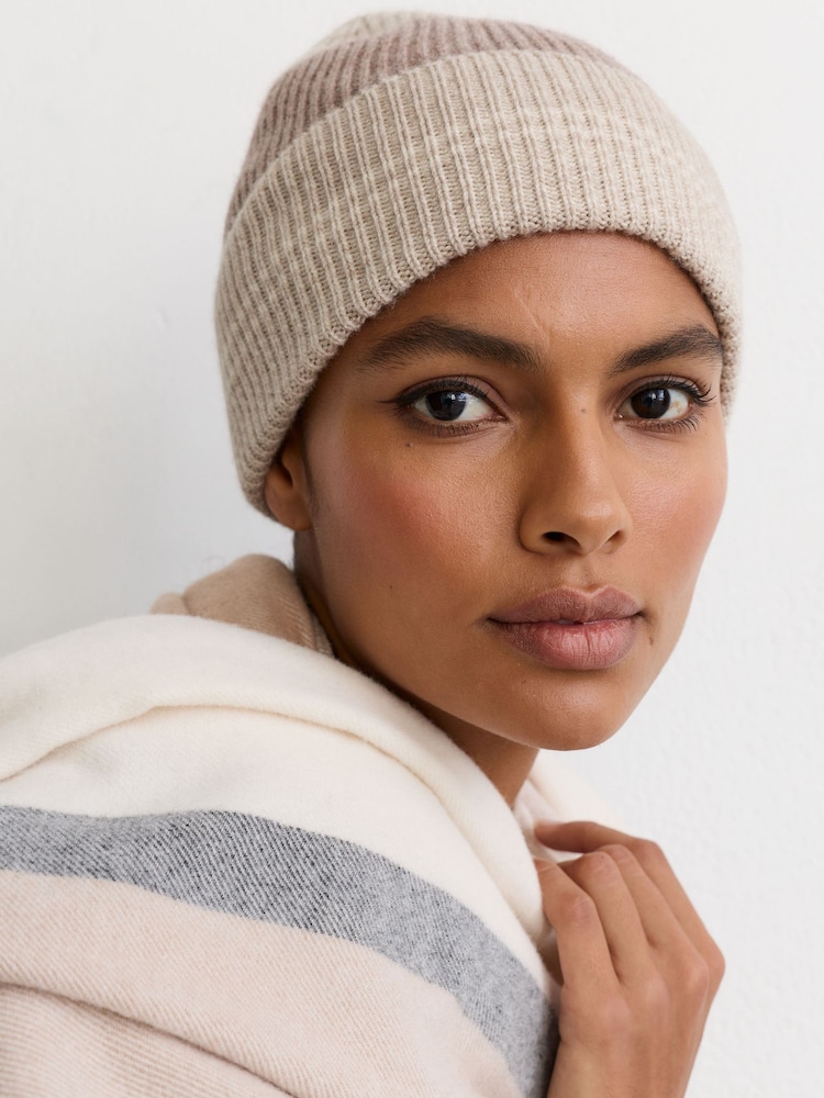 Reiss Neutral Freya Wool-Blend Striped Rib-Knit Beanie - Image 1 of 4