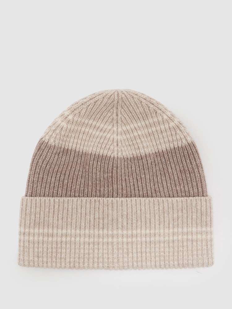 Reiss Neutral Freya Wool-Blend Striped Rib-Knit Beanie - Image 2 of 4