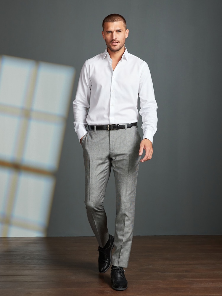 White Regular Fit 100% Cotton Signature Textured Double Cuff Smart Shirt With Trim Detail - Image 2 of 11
