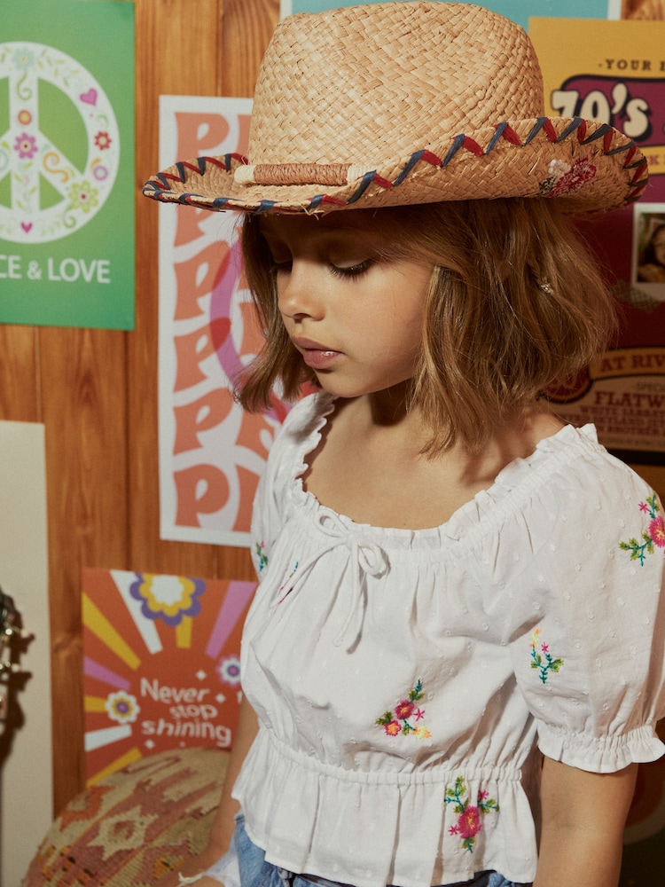 Natural Embroidered Straw Cowboy Hat (3-16yrs) - Image 1 of 5 Natural Embroidered Straw Cowboy Hat (3-16yrs) - Image 1 of 5