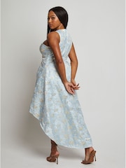 Chi Chi London Blue Cross Front Halter Floral Jacquard Dip Hem Dress - Image 2 of 3