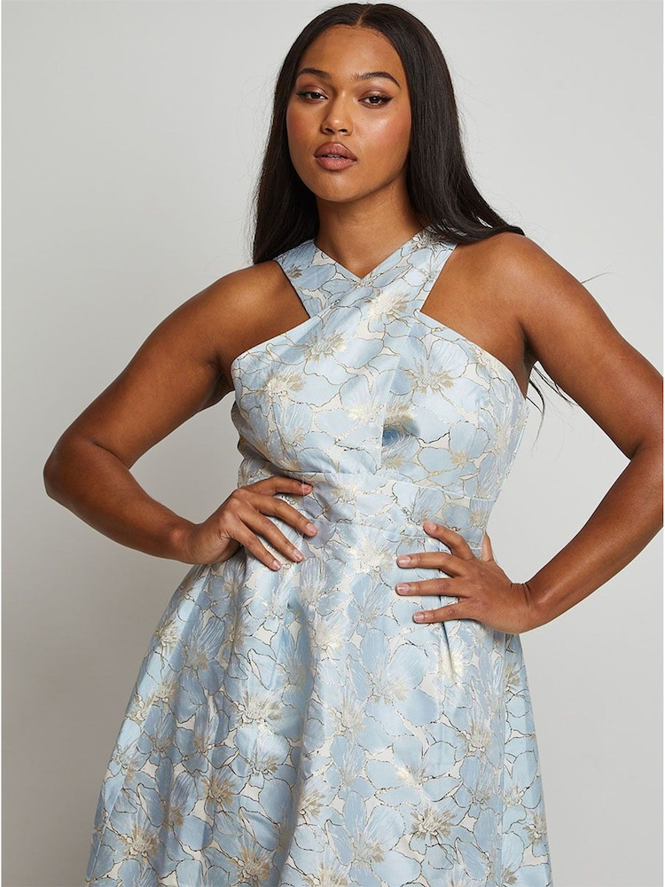 Chi Chi London Blue Cross Front Halter Floral Jacquard Dip Hem Dress - Image 3 of 3