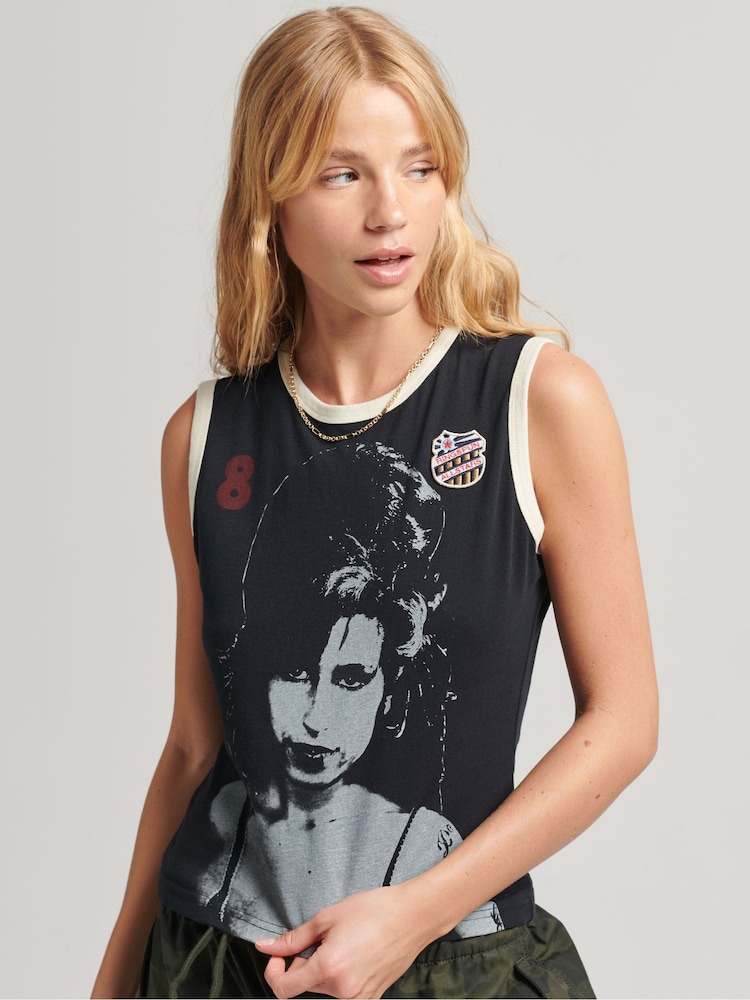 Superdry Black Chrome 100% Cotton Ringspun Allstars Vintage Re-Issue Vest Top - Image 2 of 4