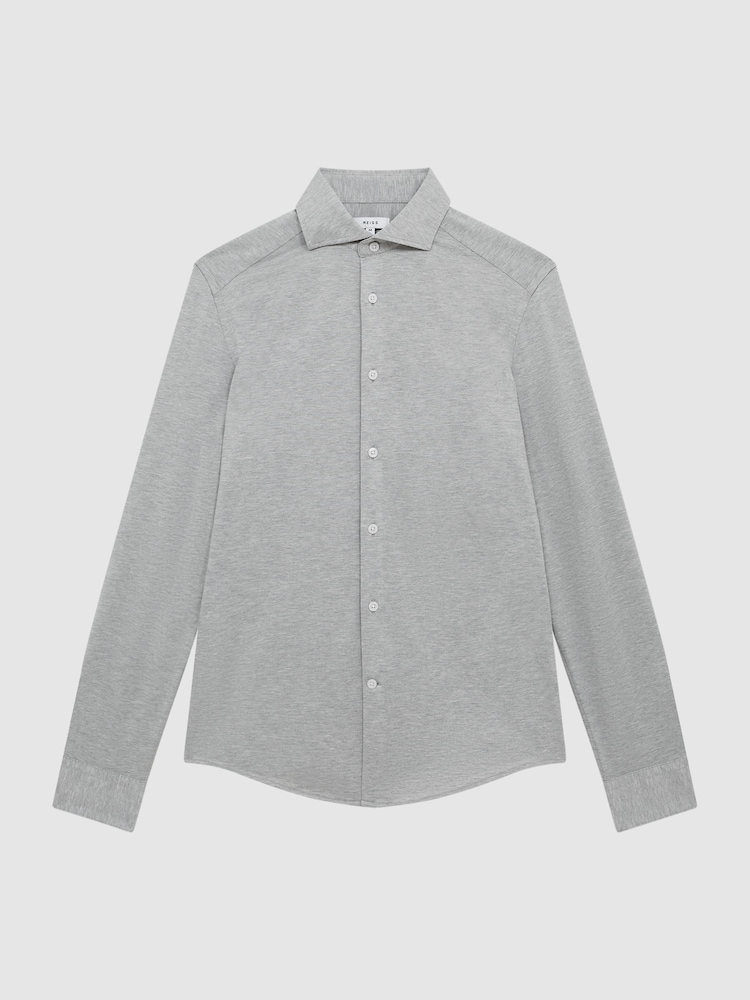 Reiss Grey Melange Nate Cutaway Collar Jersey Slim Fit Shirt - Image 2 of 6