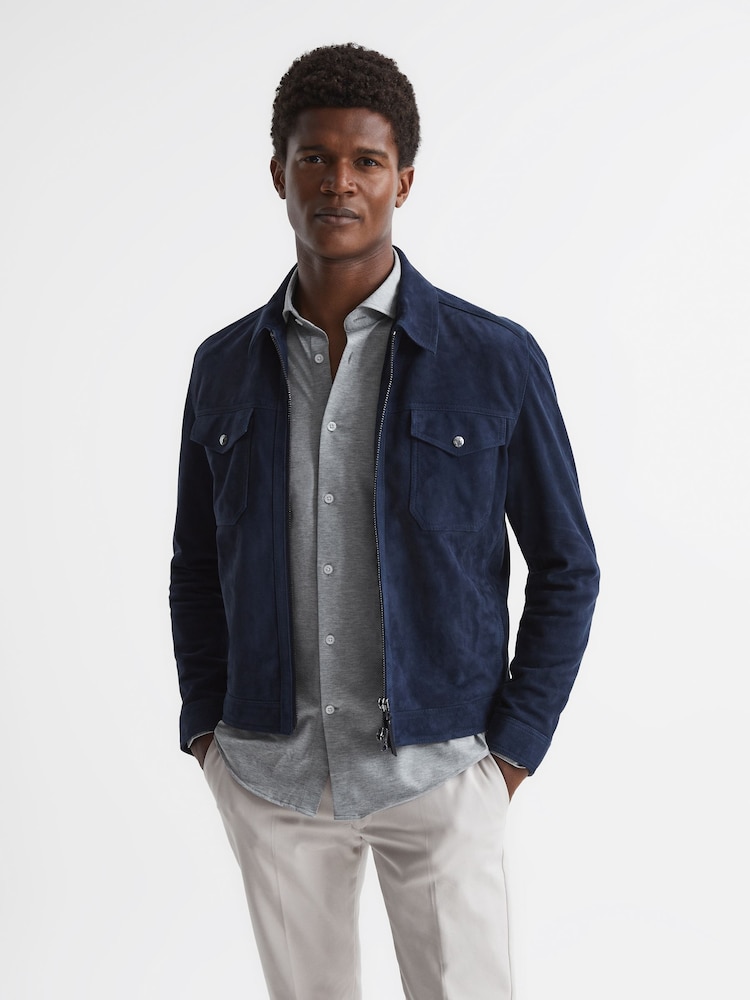 Reiss Grey Melange Nate Cutaway Collar Jersey Slim Fit Shirt - Image 6 of 6