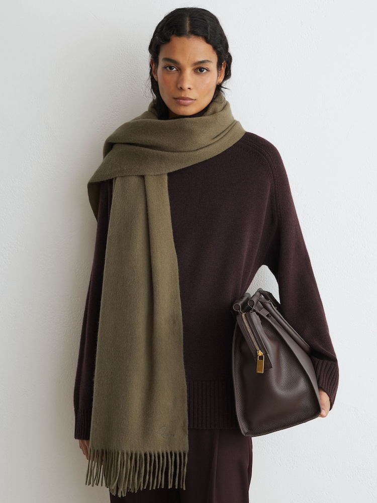 Reiss Khaki Picton Wool and Cashmere Scarf - Image 1 of 6 Reiss Khaki Picton Wool and Cashmere Scarf - Image 1 of 6