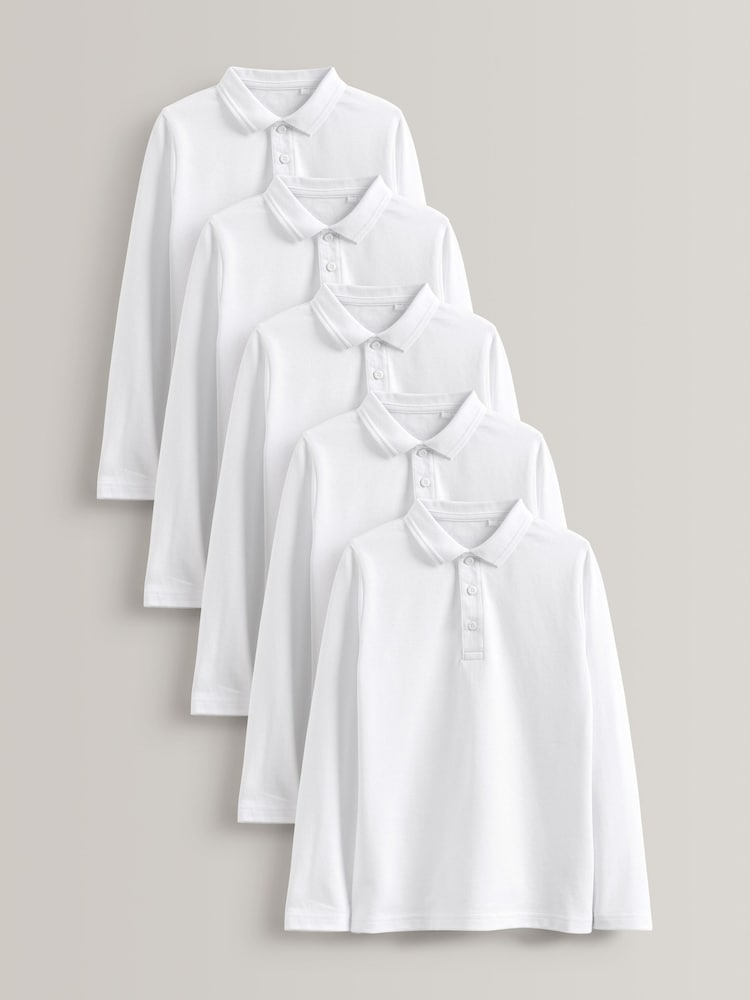 White 100% Cotton Long Sleeve School Polo Shirts 5 Pack (3-16yrs) - Image 1 of 4