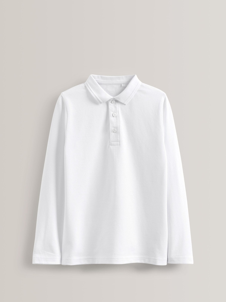 White 100% Cotton Long Sleeve School Polo Shirts 5 Pack (3-16yrs) - Image 2 of 4