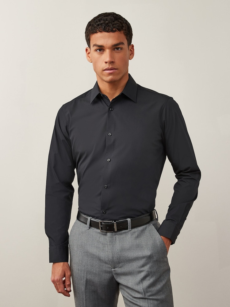 Black Skinny Fit Easy Care Single Cuff Smart Shirt - Image 1 of 8
