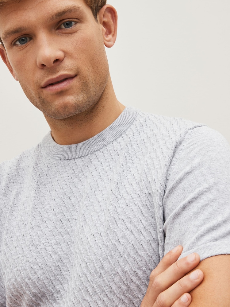 Grey Short Sleeve Texture Knit Crew T-Shirt - Image 1 of 8 Grey Short Sleeve Texture Knit Crew T-Shirt - Image 1 of 8